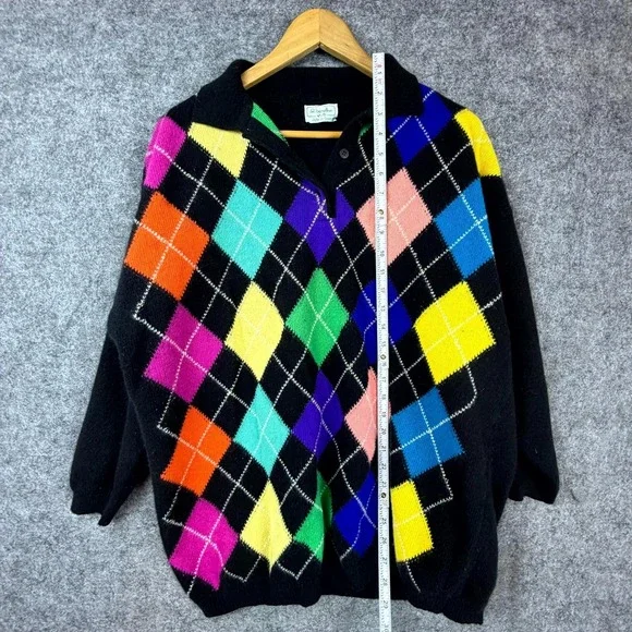 Vintage Benetton Polo Sweater Womens Black Bright Argyle Golf Retro Italian - Picture 5 of 6